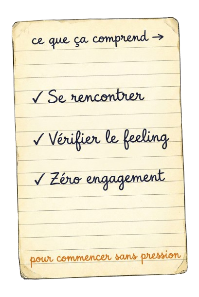Ce que ça comprend : Se rencontrer, Vérifier le feeling, Zéro engagement