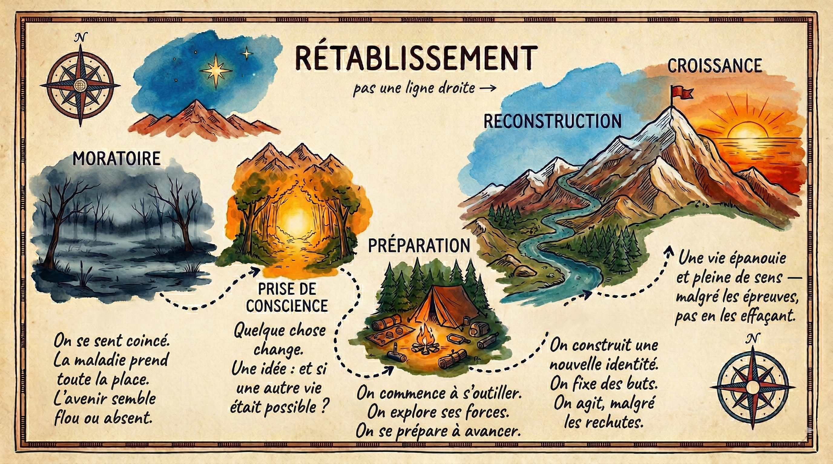 Carte des 5 stades du rétablissement selon le modèle Andresen