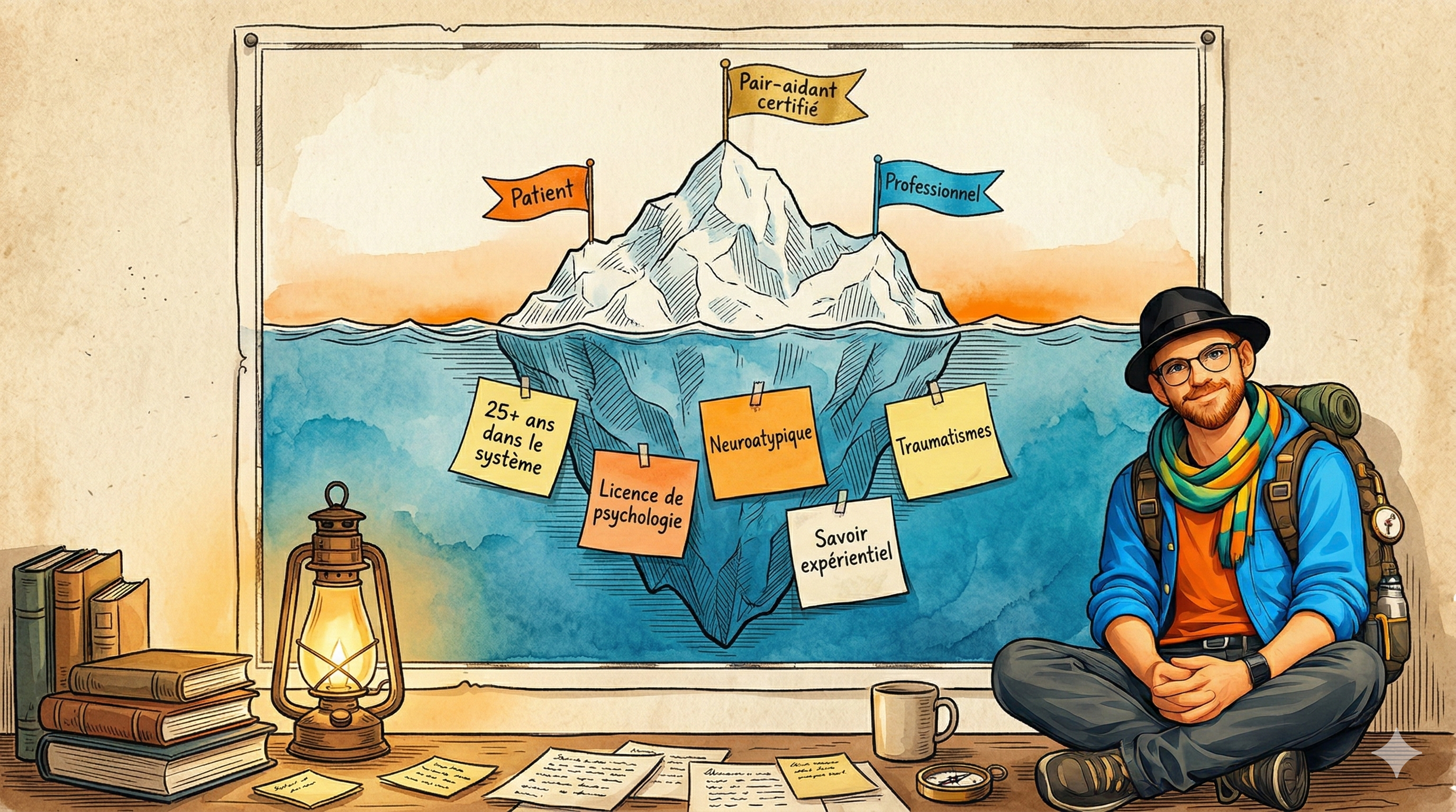 Iceberg représentant le parcours visible et invisible de Cyril : Patient, Professionnel, Pair-aidant certifié en surface, et les expériences profondes en dessous